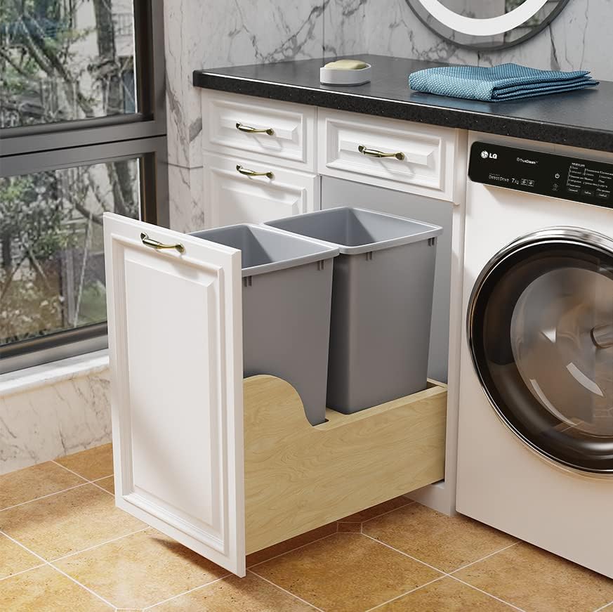 ROOMTEC Cubo de basura extraíble doble de 35 cuartos debajo del gabinete, cubo de basura extraíble para gabinete y basura, cubo de basura extraíble