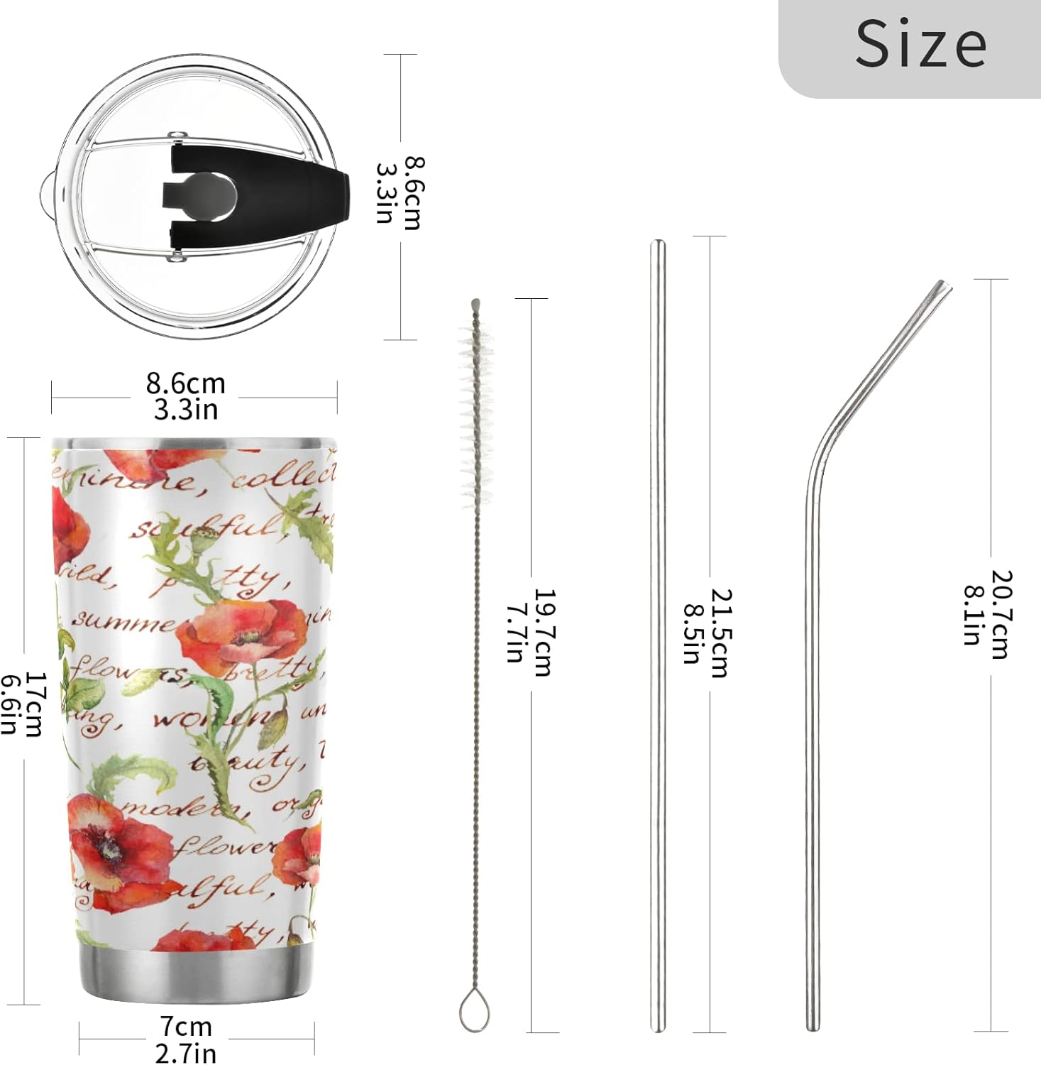 ALAZA Vintage Floral Poppy Flowers with Letters Tumbler with Lids and Straws,Reusable Stainless Steel Vacuum Insulated Tumbler Cup,Iced Coffee
