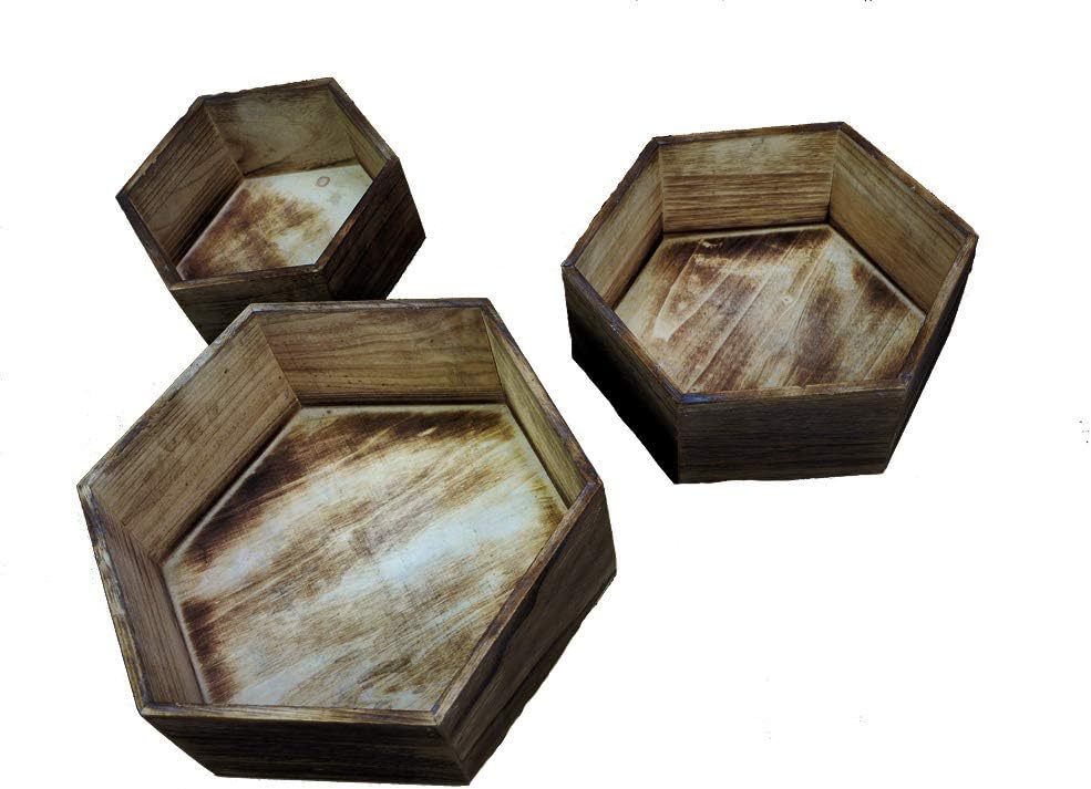 Admired By Nature – Juego de 3 cajas de madera color marrón de 11.8 pulgadas ABN5E100-NTRL – Recipiente hexagonal