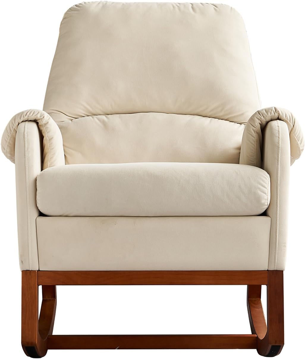 Nursery Rocking Chair,Upholstered Fabric Accent Armchair,Wooden Padded Seat with 2-Side Pocket,Nursing Chair with Rubber Wood Legs,Glider Chair for