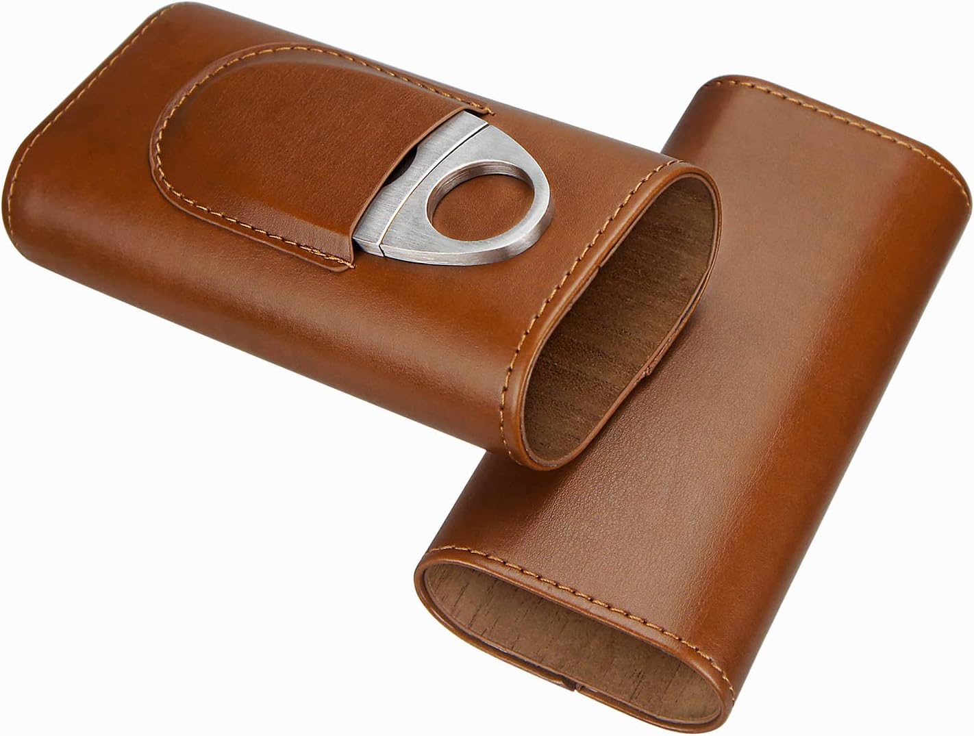 cgaplus Caso de cigarros de cuero de 3 dedos con cortador de madera de cedro forrado humidor de cigarros portátil de viaje (marrón)