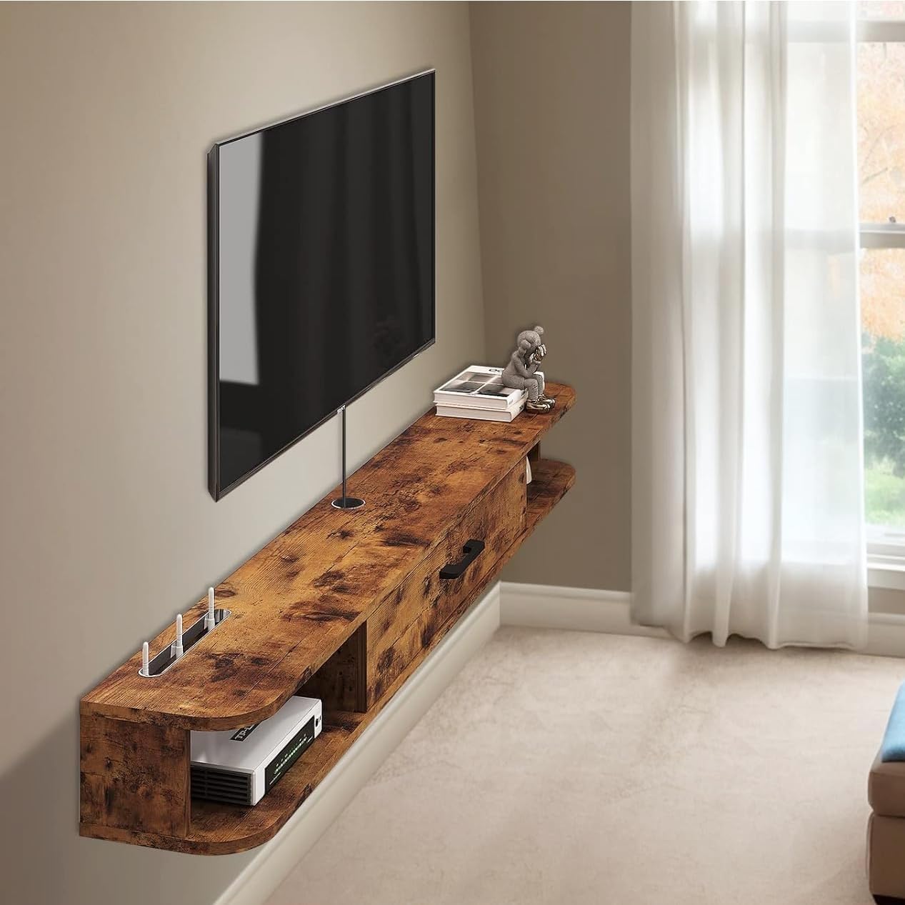 Unidad de TV flotante, mueble de TV montado en la pared de 63 pulgadas, estantes flotantes con puerta, centro de consola multimedia de