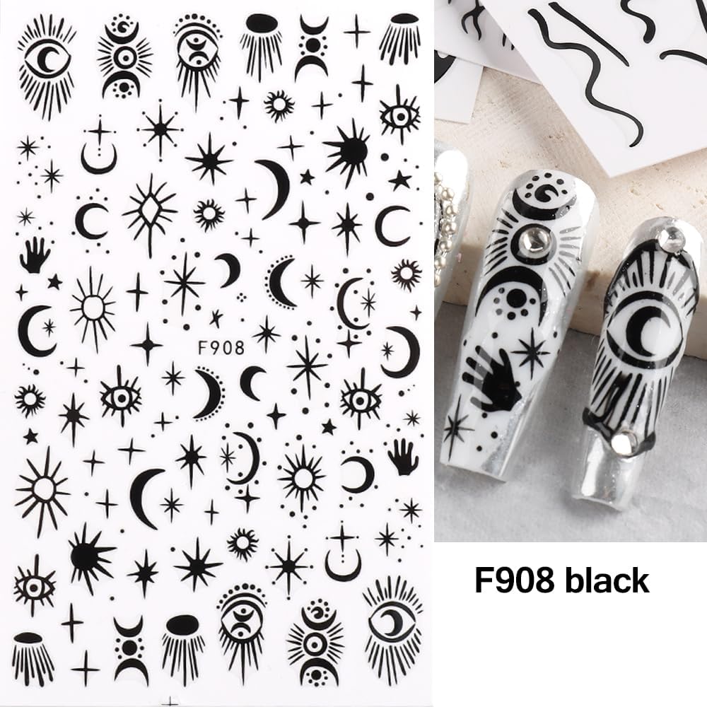 10 hojas de calcomanías de uñas góticas 3D, autoadhesivas, diseño de estrellas, luna y serpiente, decoración de uñas para mujeres, consejos de