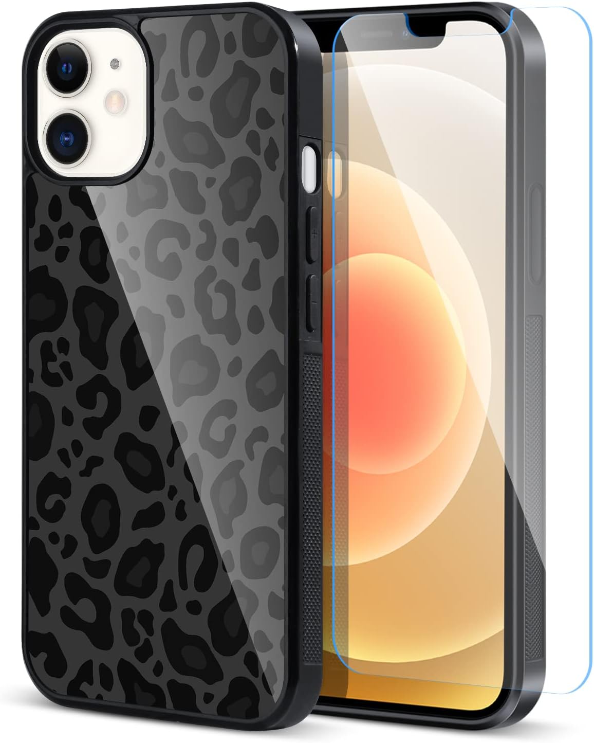 TEAUGHT Funda compatible con iPhone 12 Pro de 6.1 pulgadas, bonito patrón de leopardo negro + protector de pantalla de neumáticos a prueba de