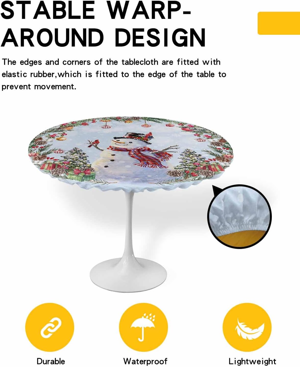 Mantel redondo ajustable con diseño de muñeco de nieve de Navidad, copos de nieve, bola de pájaro, elástico, impermeable, para interiores y