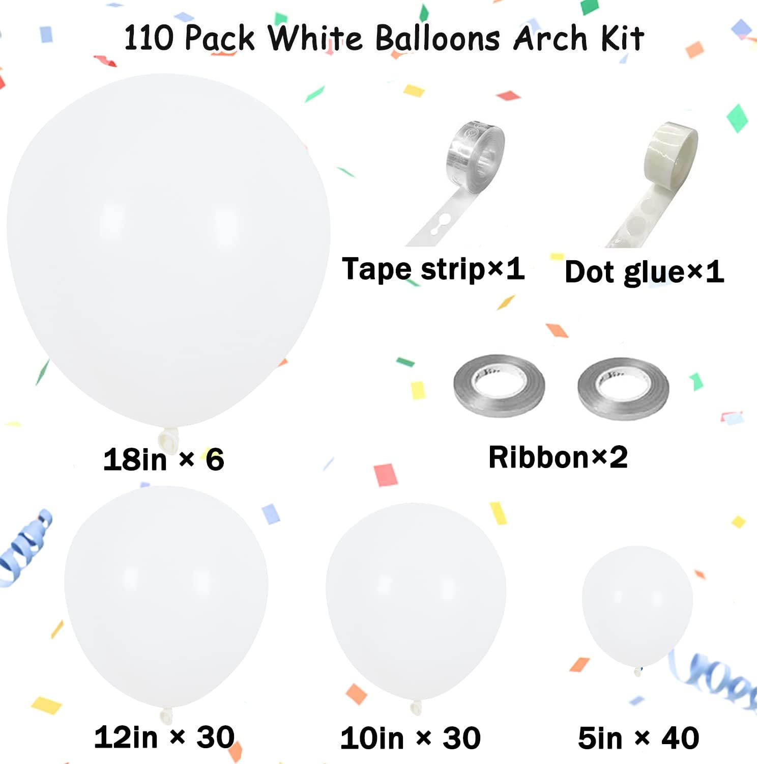 KALOR Kit de arco de guirnalda de globos blancos, 110 unidades, diferentes tamaños, globos de fiesta de 1812105 pulgadas, globos de fiesta para