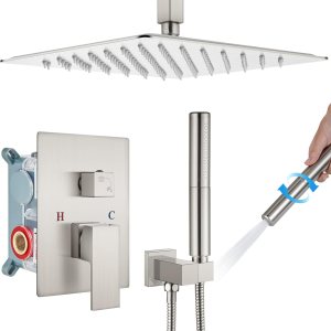 gotonovo Juego de grifo de ducha de montaje en techo, cabezal de ducha cuadrado de 12 pulgadas, sistema de ducha de lluvia de níquel cepillado, gotonovo Juego de grifo de ducha de montaje en techo, cabezal de ducha cuadrado de 12 pulgadas, sistema de ducha de lluvia de níquel cepillado,