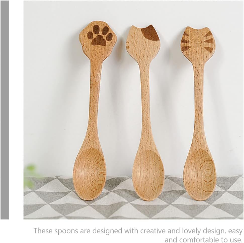 Cucharas de cocina de bambú para gatos, 2 cucharas de café de madera, lindas cucharas de sopa, cucharadita de madera para café, té, mermelada,