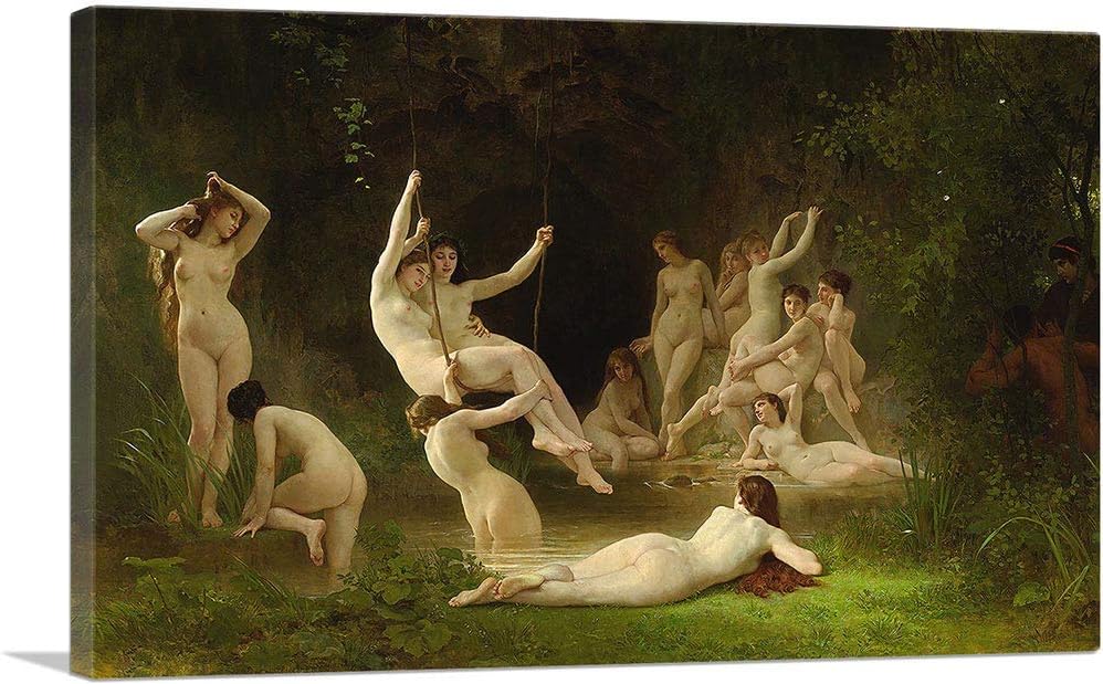 ARTCANVAS William-Adolphe Bouguereau – Póster de pintura enmarcada estirada de 1878 The Nymphaeum 1878, 26 x 18 pulgadas (1.50 pulgadas de