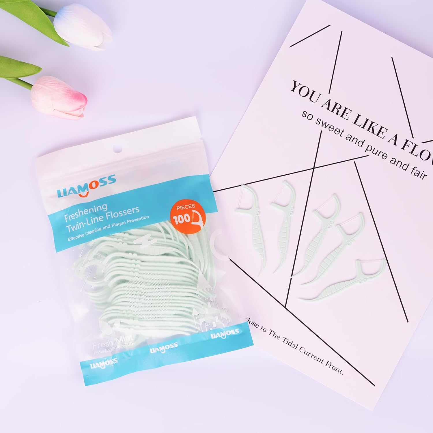 Hilo dental de doble línea, 100 palillos de hilo dental sabor menta, doble acción LIAMOSS para dientes súper limpieza en menos de dos minutos,