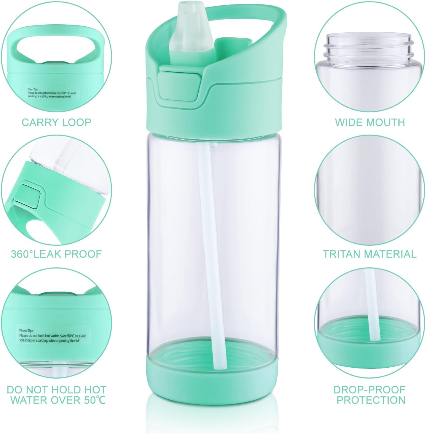 wedrink Botella de agua para niños con pajilla, sin BPA, Tritan a prueba de fugas, botella de agua deportiva para la escuela (12 onzas, verde)