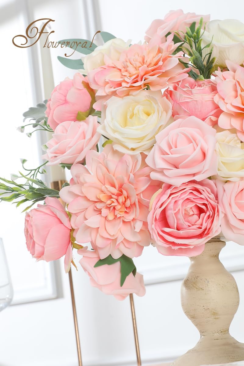 Floweroyal Flores artificiales rosadas, rosas falsas, dalia con tallos para ramos de novia de boda, baby shower, arreglo floral, centros de mesa,