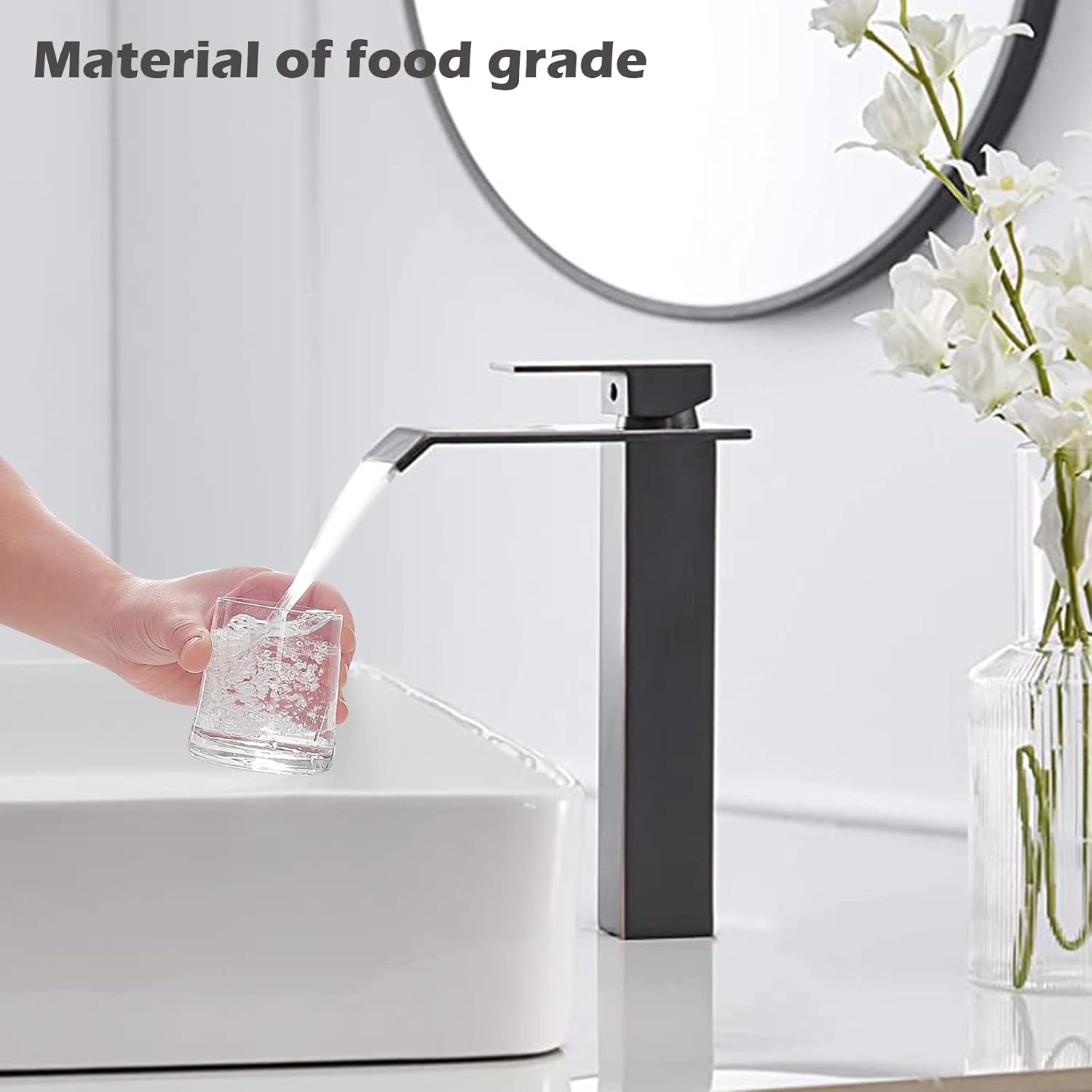 Grifo de lavabo de bronce aceitado cascada grifo de baño alto moderno grifo de lavabo de una sola manija, con montaje de drenaje