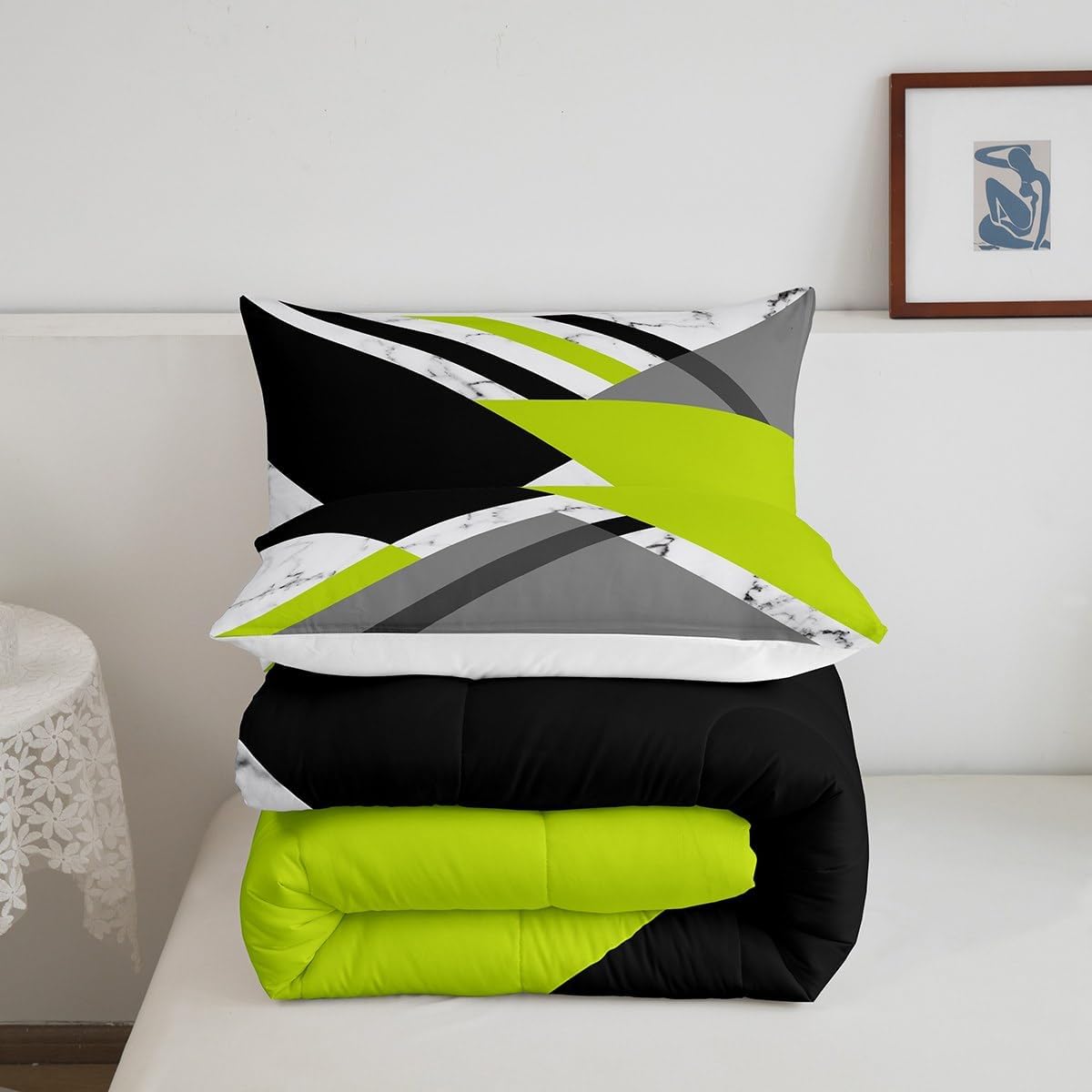 Juego de edredón verde lima y gris, juego de ropa de cama geométrica verde, negro y blanco, tamaño individual, patrón de retazos, geométrico,