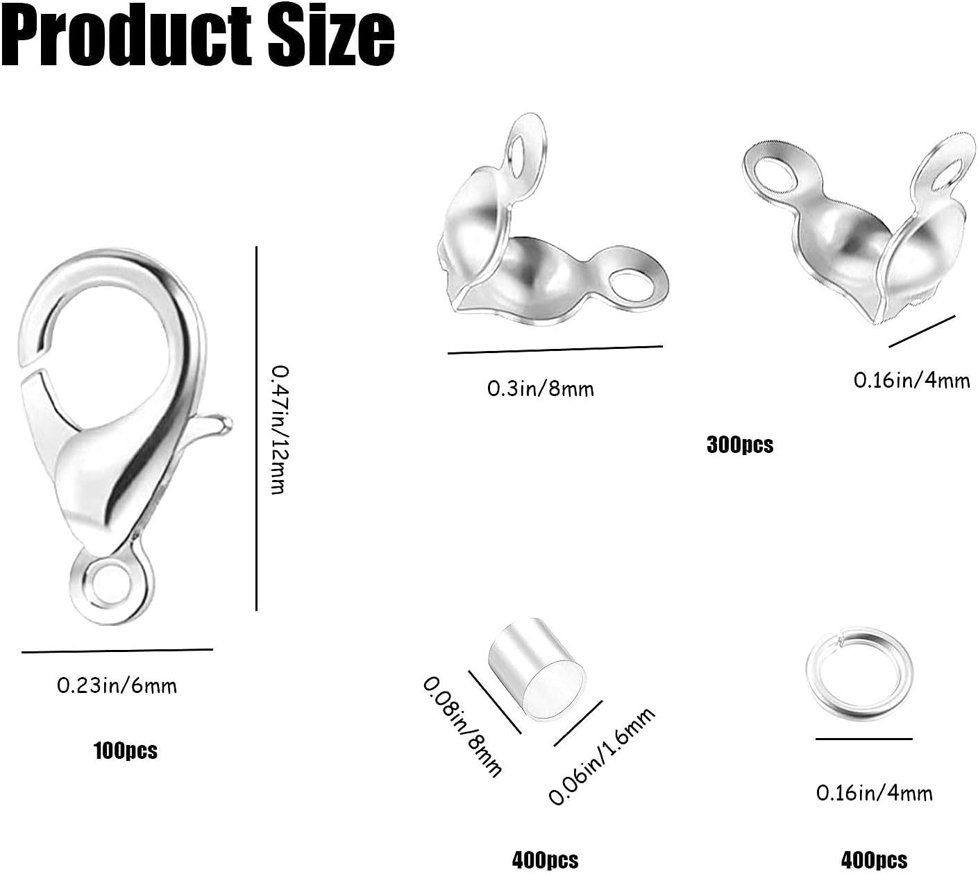 Juego de 1200 accesorios para fabricación de joyas con 100 piezas de cierre de pinza de langosta, 300 puntas de cuentas, cubiertas de nudo, 400