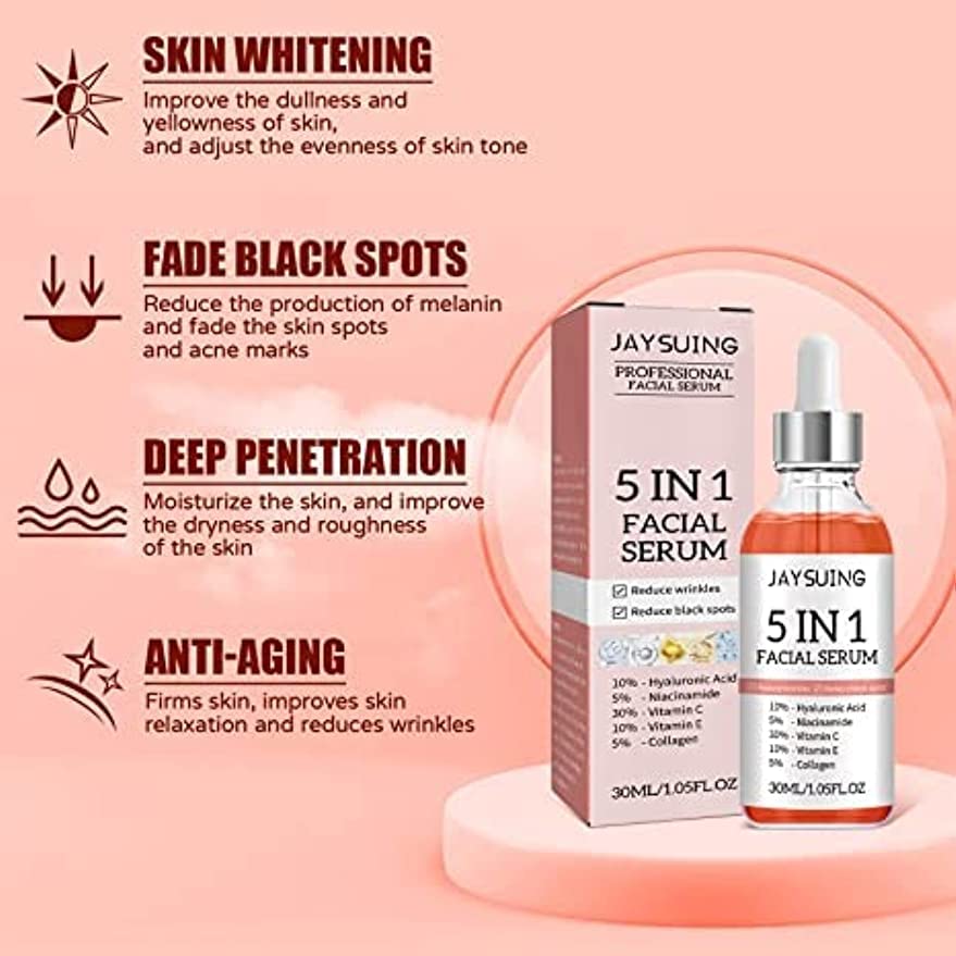 Suero facial 5 en 1, reduce las arrugas, suero corrector de manchas oscuras, suero facial con ácido hialurónico y niacinamida (2 unidades)