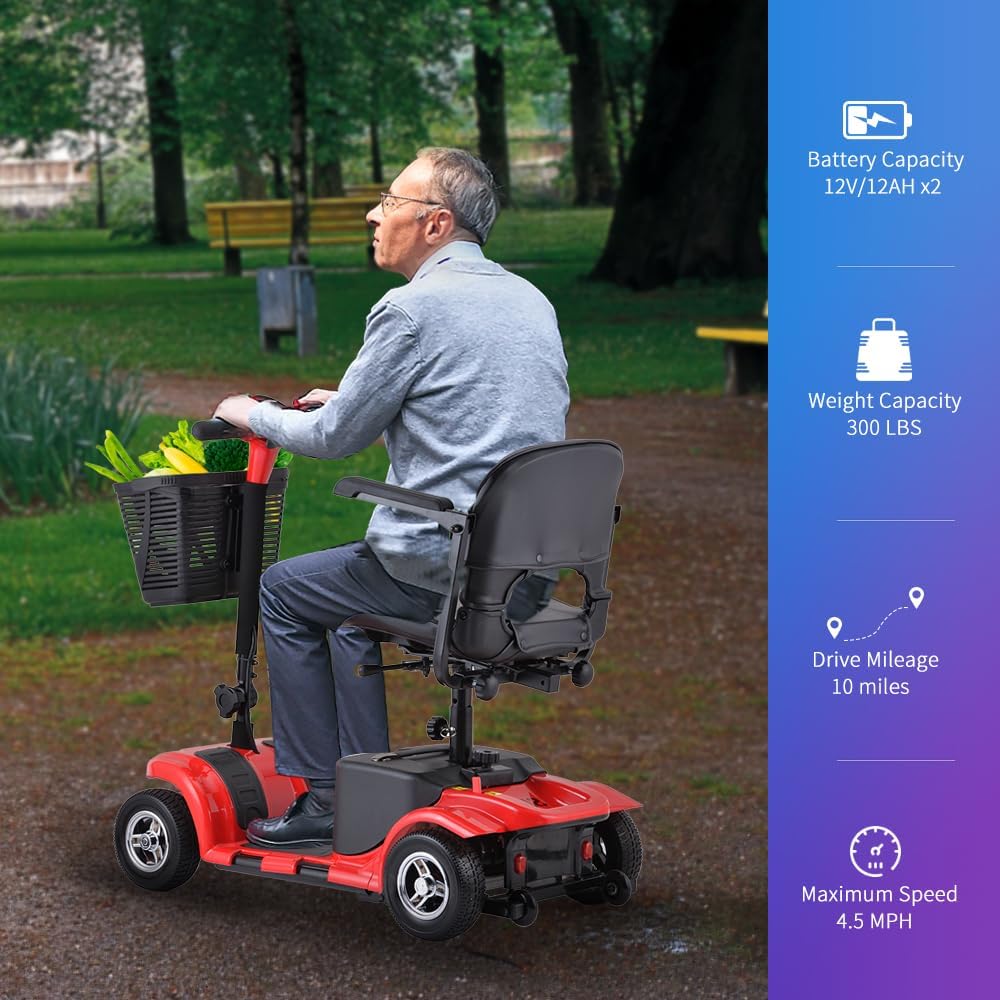 Skmc – Scooter de movilidad para adultos, personas mayores, 4 ruedas, dispositivo cargable eléctrico para viajes, ligero y portátil, con faros LED y