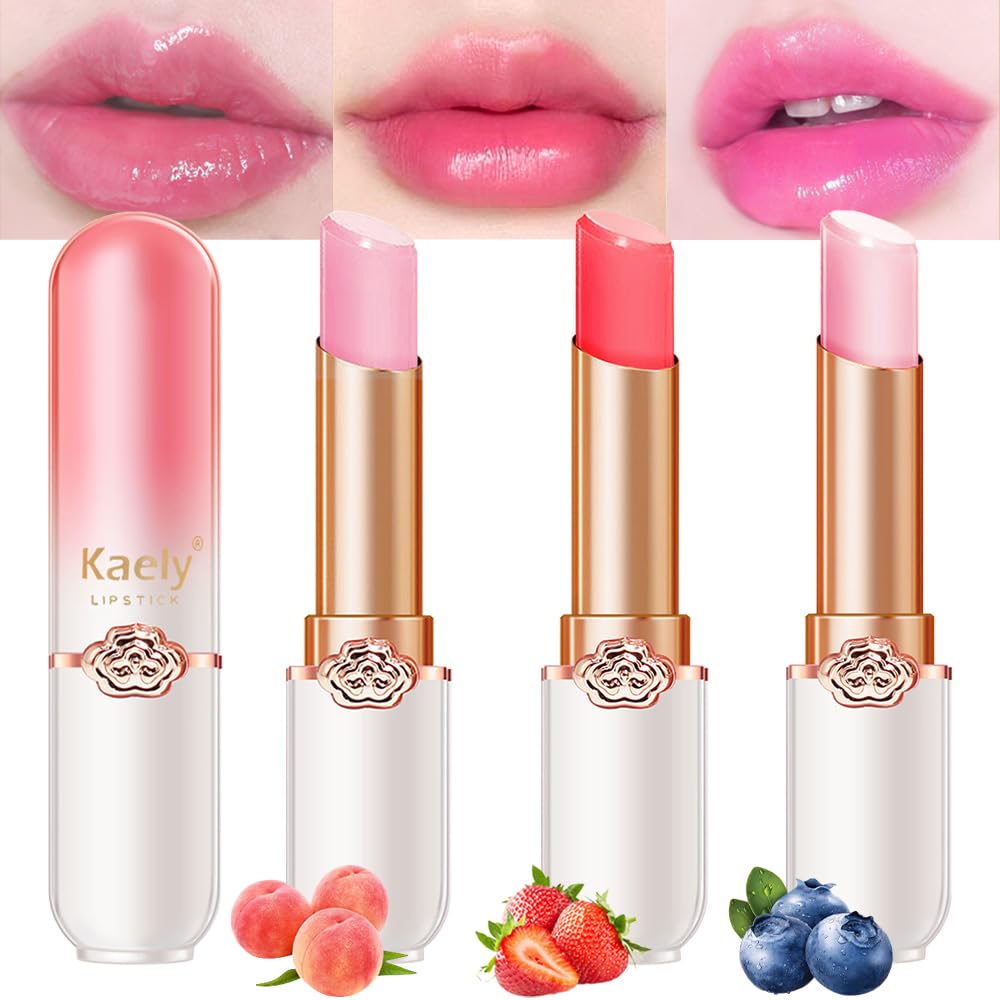 Kaely Bálsamo labial teñido de 3 piezas, color melocotón, fresa, arándano, juegos de maquillaje que cambian de color, labios más voluminosos, cambio