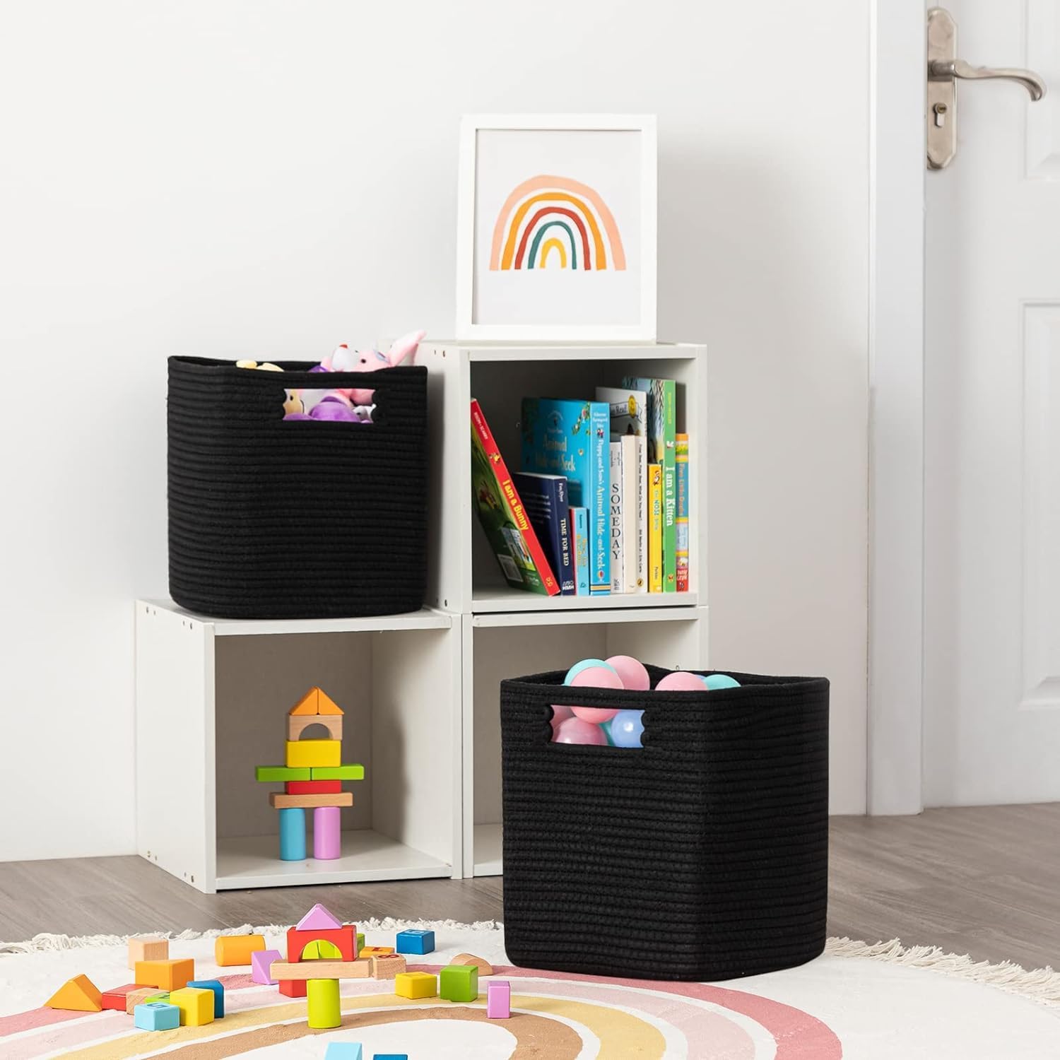 UBBCARE Juego de 4 cestas de almacenamiento de 13 x 13 x 13 pulgadas, cesta de cuerda de algodón para estantes, juguetes, libros, cubos de
