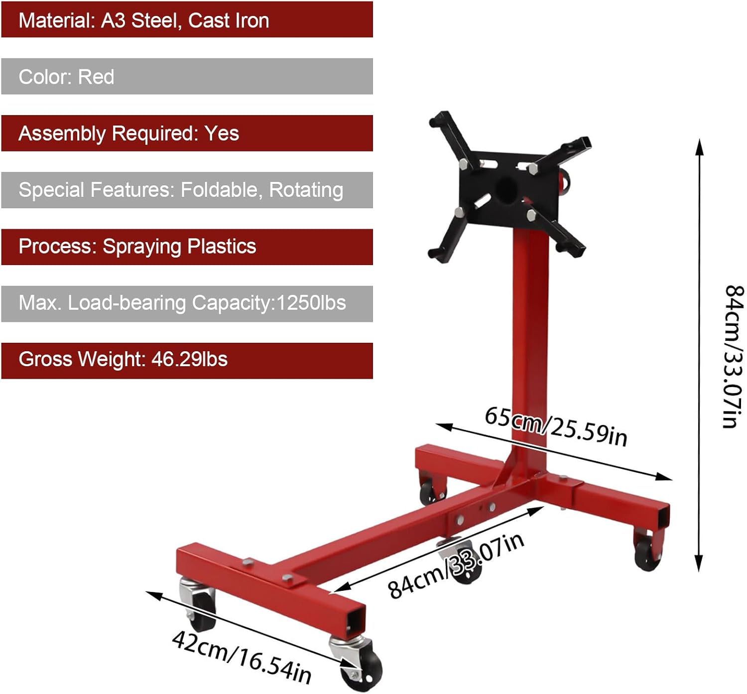 Soporte de motor plegable, soporte de motor giratorio de 1250 libras con cabezal giratorio de 360 grados, 5 ruedas y 4 brazos ajustables, para
