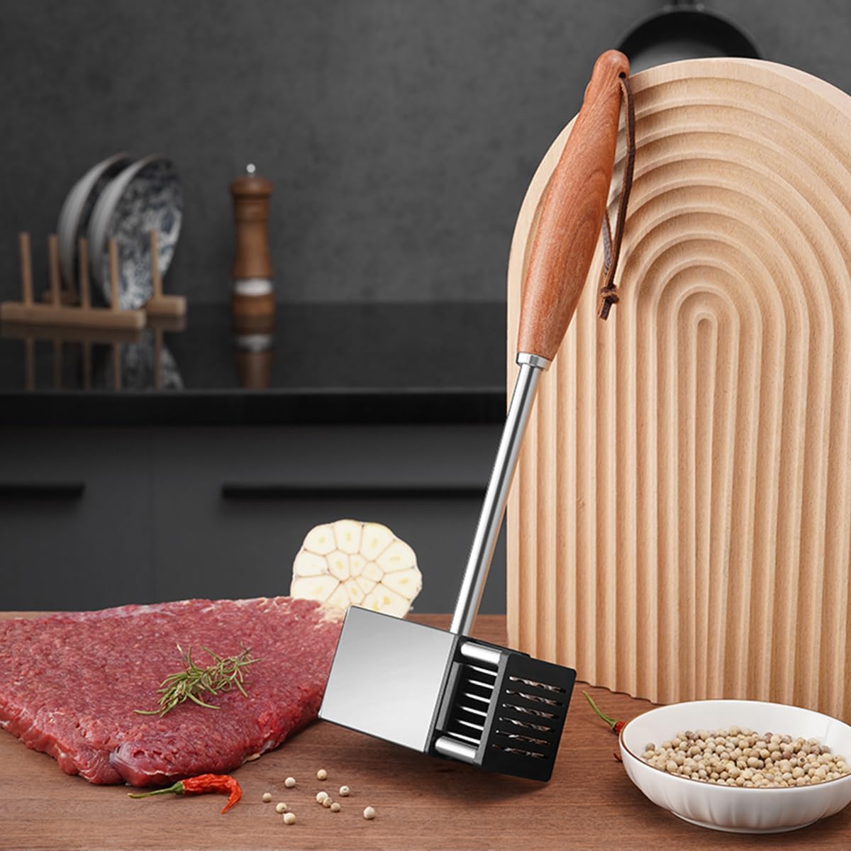 MULIRE Mazo ablandador de carne, mazo de carne y aguja de carne 2 en 1 ablandador de martillo de carne, con mango de madera antideslizante, perfecto