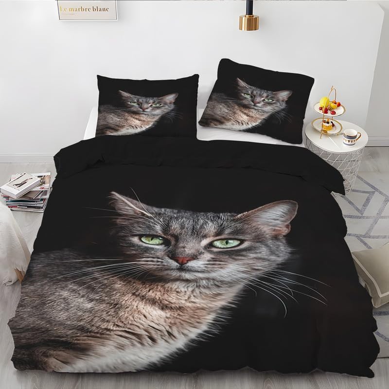 Juego de funda de edredón tamaño King con estampado de animales de gatito negro, funda de edredón de microfibra suave y 2 fundas de almohada de 20 x
