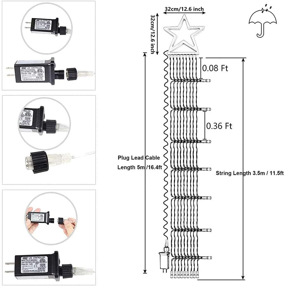Guirnalda de luces de estrella para decoración de Navidad al aire libre, 317 luces LED de 11.5 pies con 8 modos de iluminación de memoria y