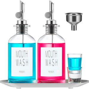 VITVITI Mouthwash Dispenser for Bathroom, 2 Clear Glass Mouth Wash Dispensers Container Holder, 11.8OZ Oil Dispenser Bottle with Tray Cups, VITVITI Mouthwash Dispenser for Bathroom, 2 Clear Glass Mouth Wash Dispensers Container Holder, 11.8OZ Oil Dispenser Bottle with Tray Cups,