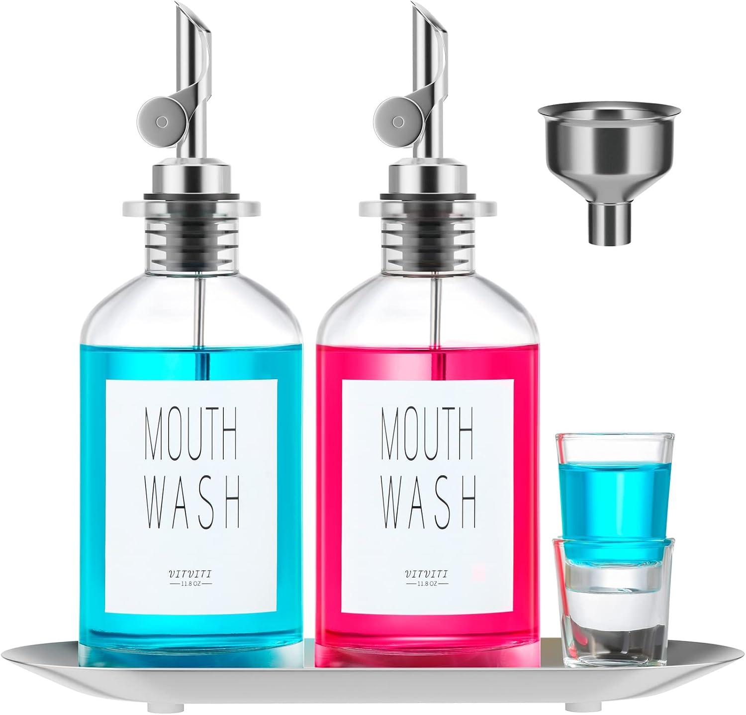 VITVITI Mouthwash Dispenser for Bathroom, 2 Clear Glass Mouth Wash Dispensers Container Holder, 11.8OZ Oil Dispenser Bottle with Tray Cups,