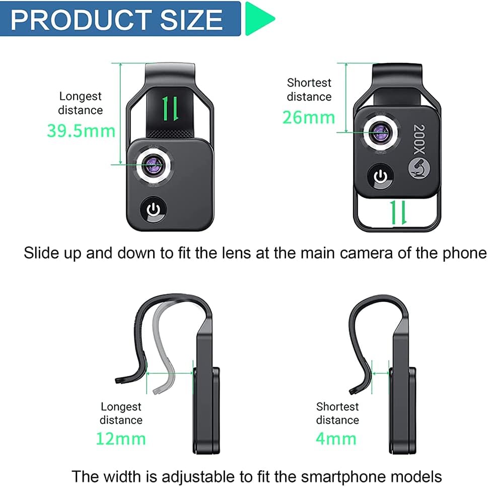 Accesorio del microscopio del teléfono celular 200X con la lente, mini microscopio digital portátil con la luz del LEDel clip universal