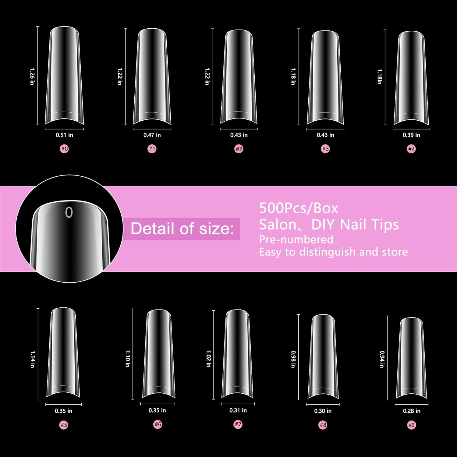 Artdone 500 puntas de uñas postizas XL largas de acrílico transparente de media cubierta larga para extensión de uñas, salones de uñas y kit de