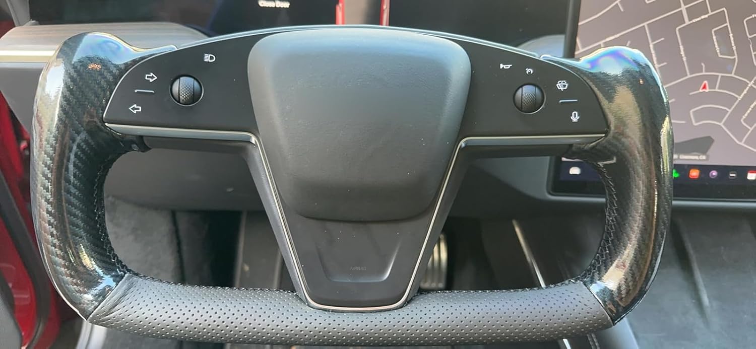 MEWANT Funda de volante de fibra de carbono de poliuretano brillante de cuero genuino negro cosido a mano para Tesla Model S Yoke Model X