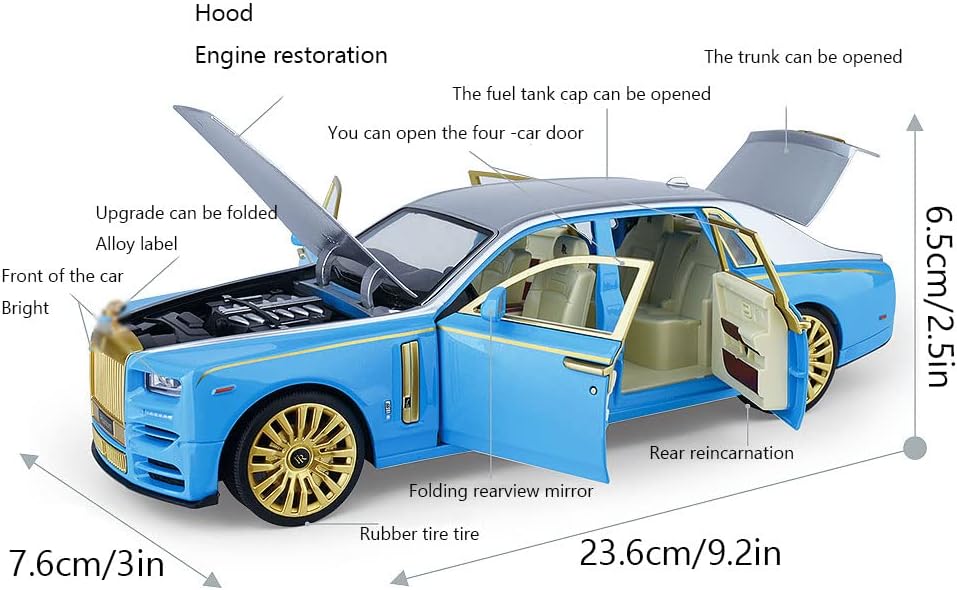 JUNAWN Coche fundido a presión de aleación de simulación, juguete de camión Rolls-Royce Phantom a escala 124, adornos de modelo de automóvil con