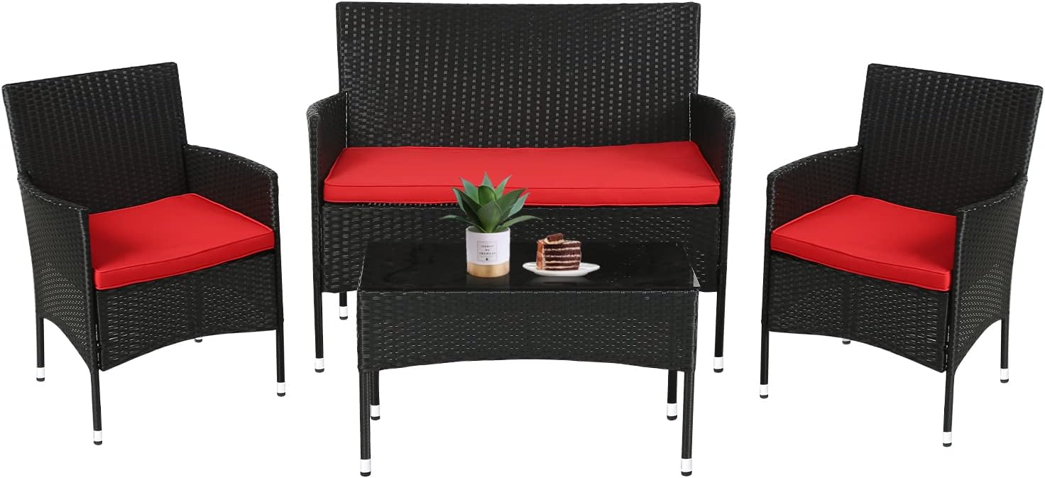FDW Juego de muebles de patio, 4 piezas, muebles de exterior, sillas de mimbre para patio, muebles de patio, juego de conversación para uso en