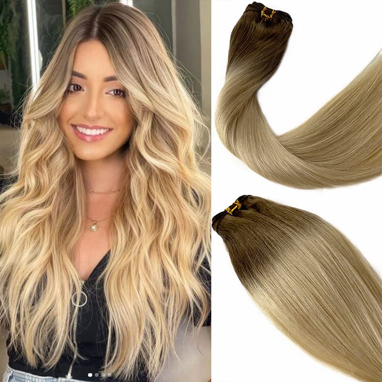 Extensiones de cabello humano rubio degradado atadas a mano, color rubio ceniza que se desvanece a rubio platino, atadas a mano, extensiones de