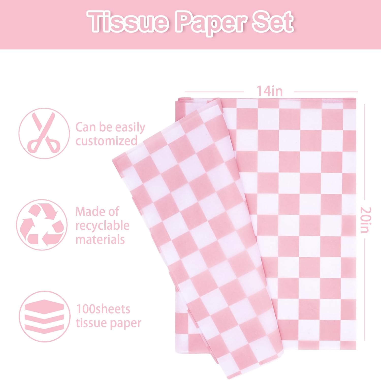 Whaline 100 piezas de papel de seda a cuadros, papel de regalo blanco y rosa, papel de embalaje, papel de manualidades para el hogar, baby shower,