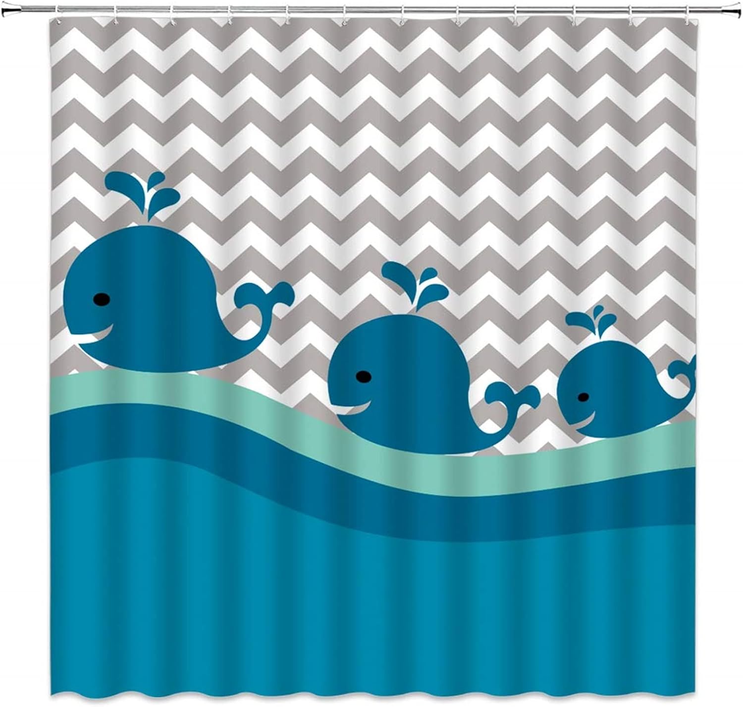 Cortina de ducha de ballena de dibujos animados para niños, ballena océano, peces mar, onda de animales azul gris, cortinas de baño decoración de