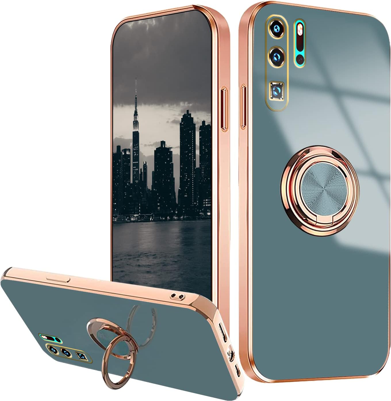Wousunly Compatible con Huawei P30 Pro Case Ring Holder Magnet Green, Huawei P30 Pro Funda de teléfono Funda de silicona a prueba de golpes Funda