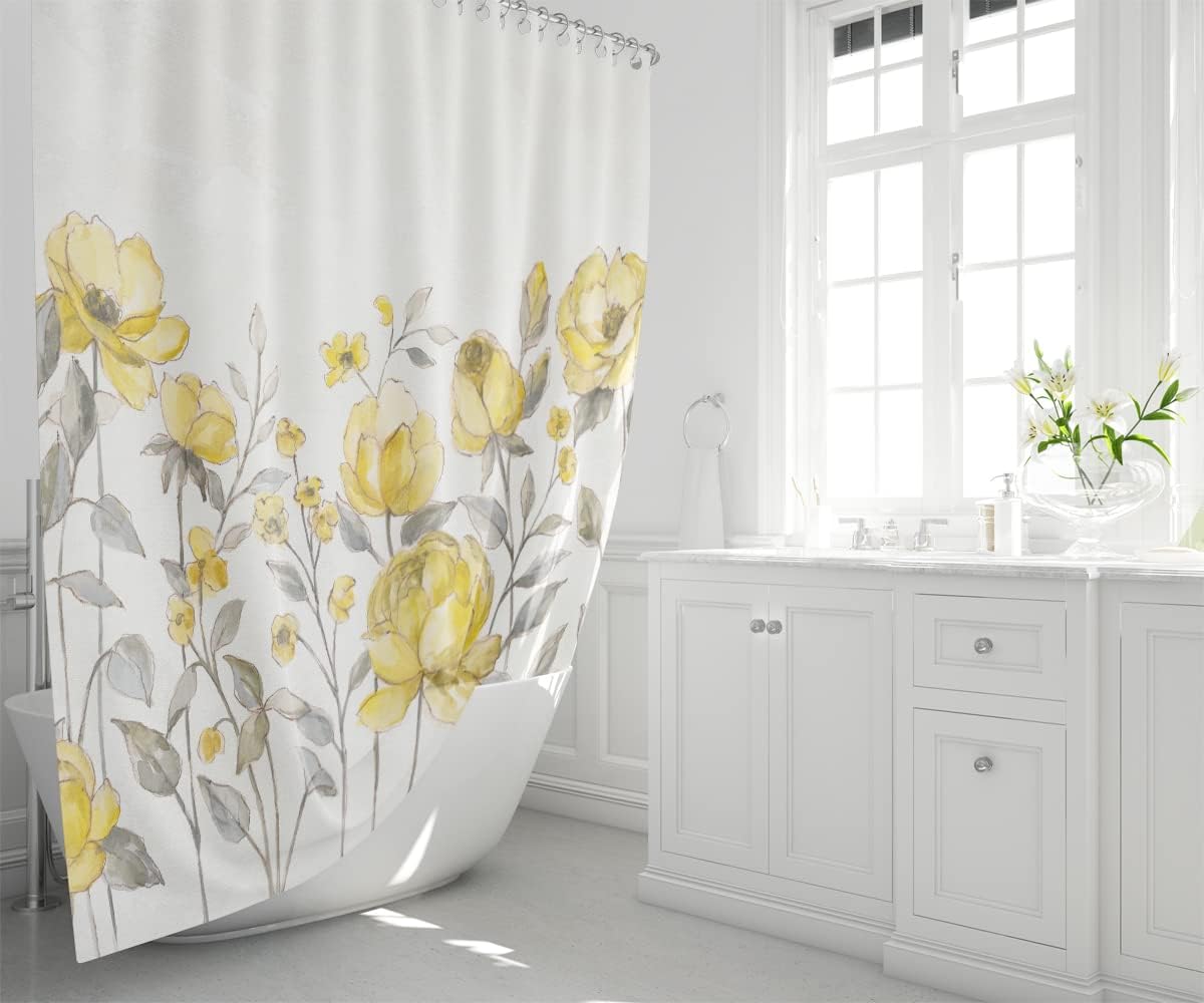 Cortina de ducha para baño, diseño floral de flores blancas y amarillas, cortina de ducha impermeable amarilla y gris, estilo moderno, 72 x 72