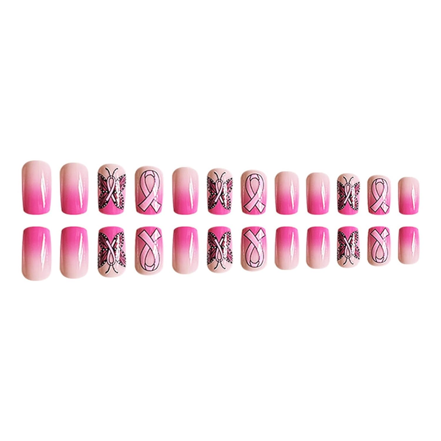 Uñas postizas cuadradas a presión sobre cáncer de mama, uñas postizas de mariposa con cinta rosa, cobertura completa, longitud media, puntas de uñas