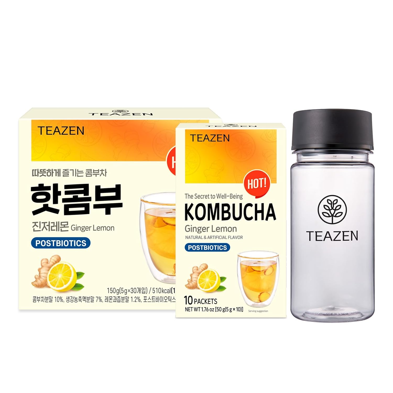 TEAZEN Hot Kombucha – Paquete variado de sabor a jengibre y limón con botella ecológica clásica (polvo de kombucha, 40 varillas, botella ecológica