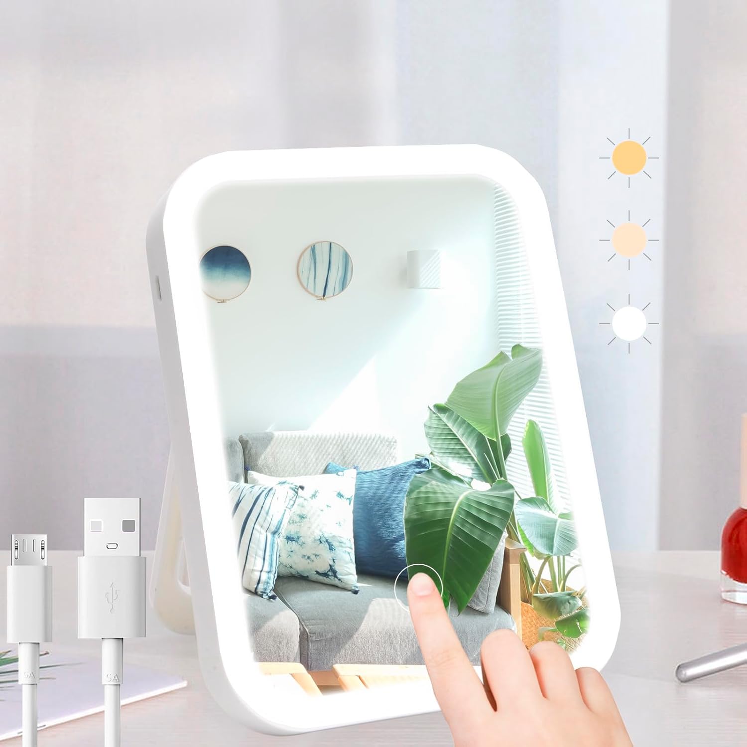 Nerien Espejo de maquillaje con luces, espejo de tocador iluminado, pantalla táctil regulable, espejo de viaje portátil con soporte en forma de U,