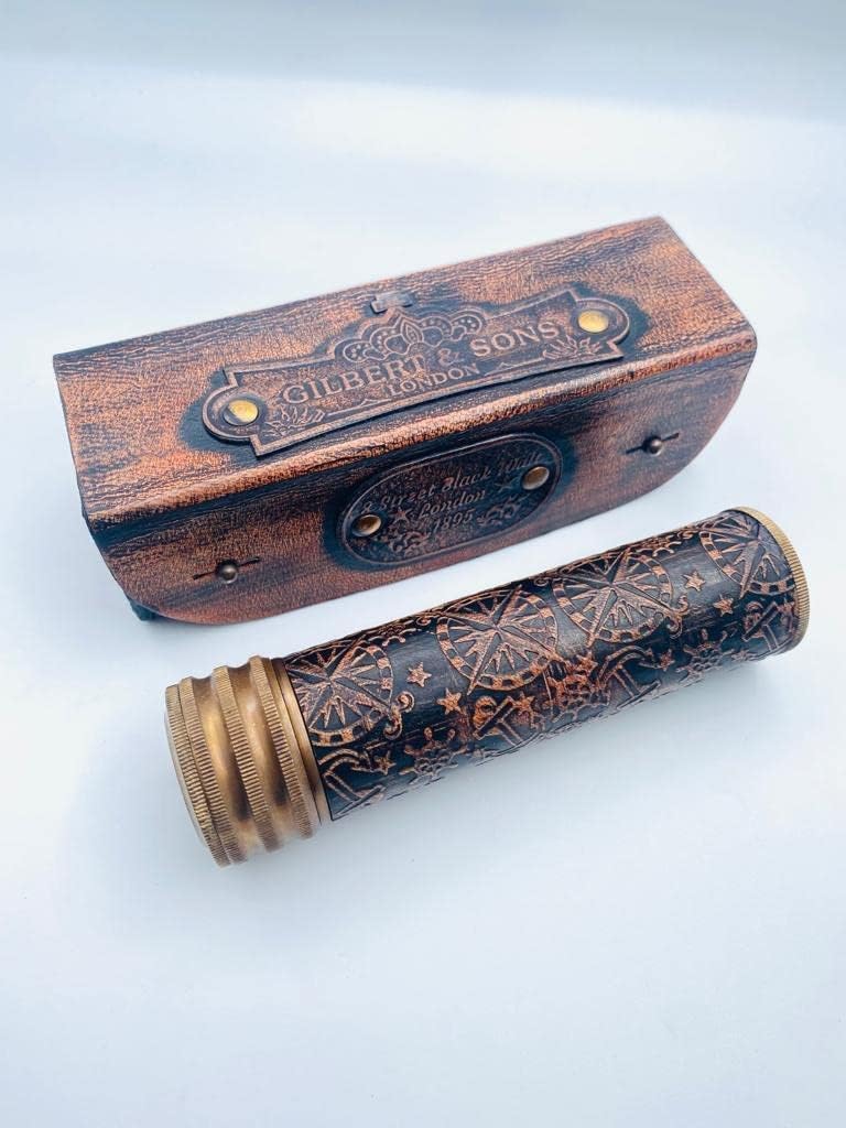 Custom Vintage Replicaz Caleidoscopio de latón antiguo con cubierta de cuero y caja, hecho a mano, aspecto vintage, acabado antiguo, lente de