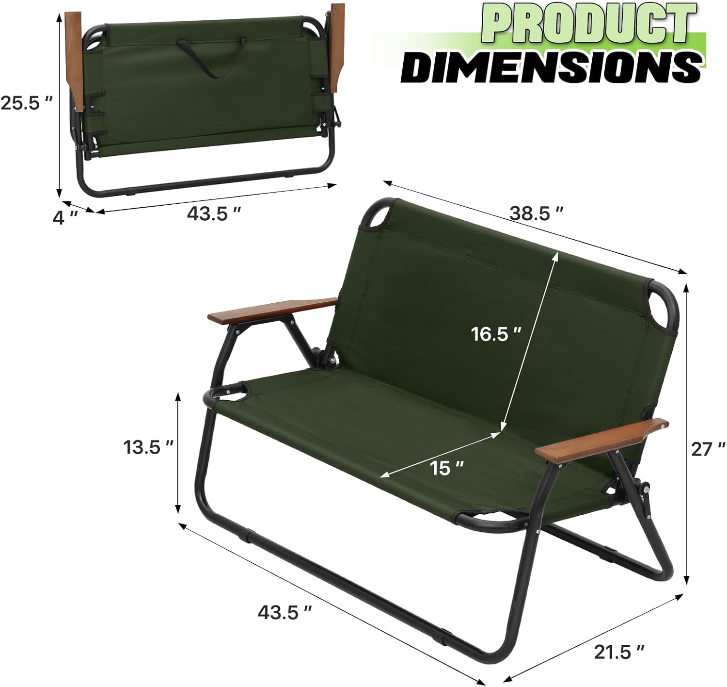 Magshion Silla de campamento de doble asiento de 39 pulgadas, soporta 330 libras para adultos, silla plegable de alta resistencia para 2 personas,