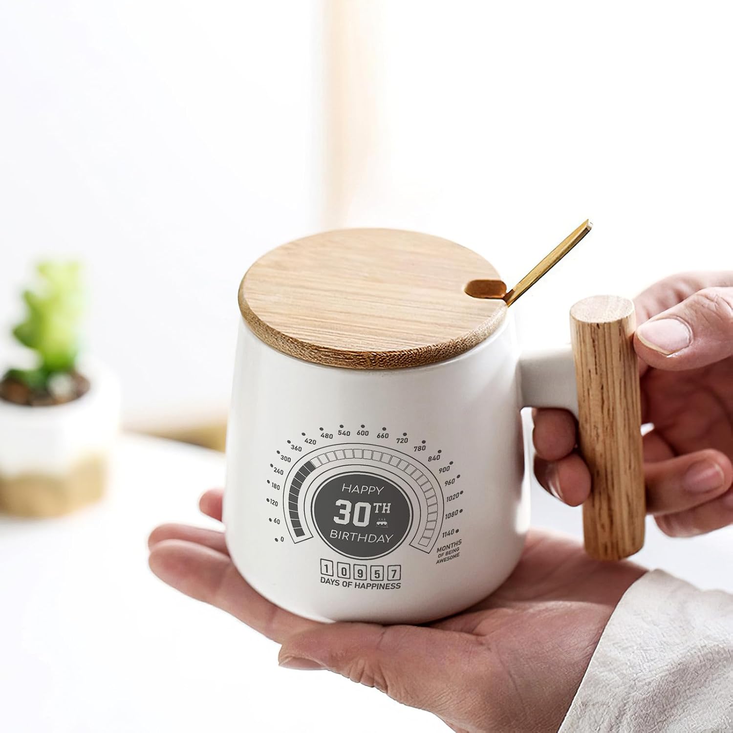 Taza de cerámica personalizada con mango de madera con tapa de bambú y cuchara de acero inoxidable, regalo de cumpleaños para esposa, marido, él,