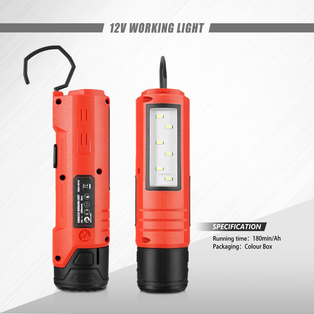 DNA MOTORING TOOLS-00176 Linterna ligera de trabajo inalámbrica de 12 V con gancho para colgar e imanes para exteriores, camping, reparación de