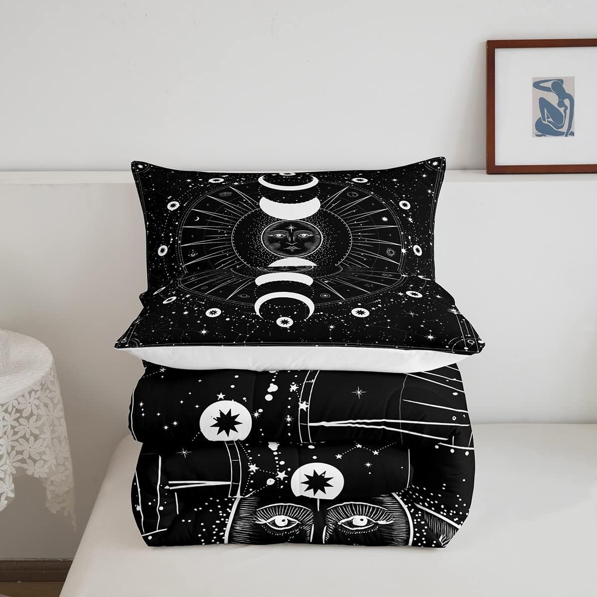 Erosebridal Juego de edredón de sol y luna, tamaño matrimonial, juego de edredón psicodélico con estrellas espaciales, negro, blanco, sol y luna,