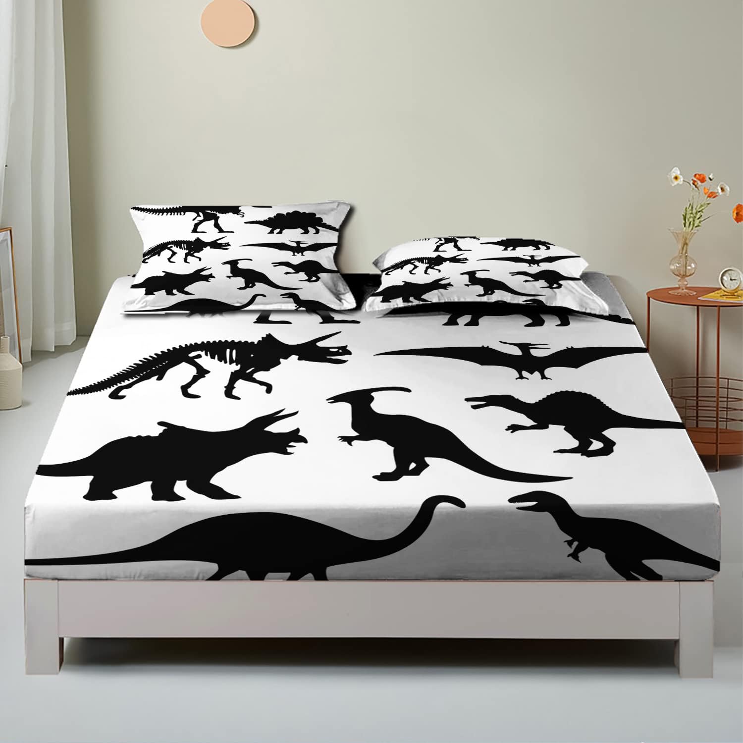 Juego de sábanas bajeras con temática de dinosaurio, patrón de silueta de dinosaurio, juego de cama decorativo impreso de 3 piezas, sábana bajera de