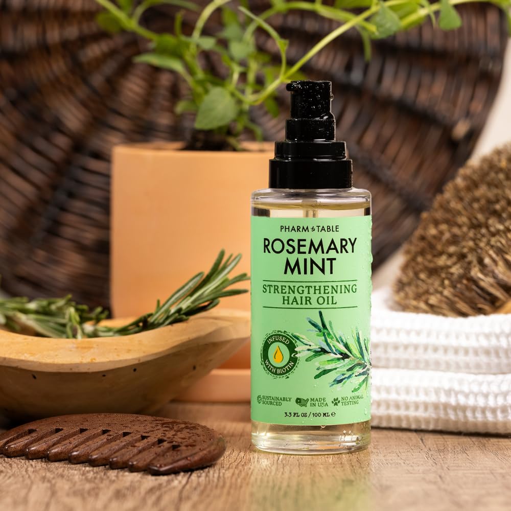 PHARM TO TABLE Aceite para el cabello de romero y menta, infundido con biotina, nutre el cuero cabelludo, estimula el crecimiento del cabello, 3.5