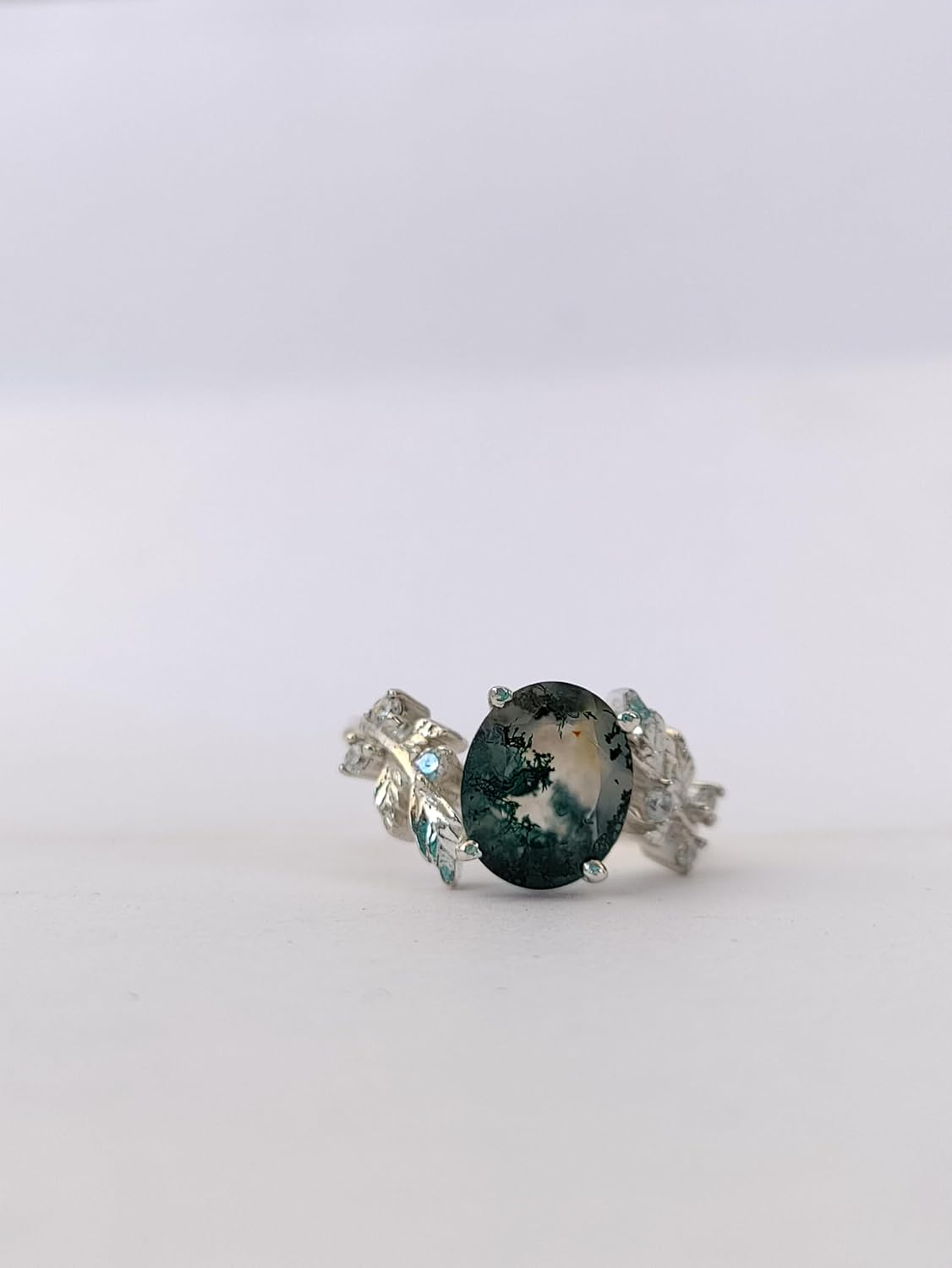 Natural Moss Agate Ring Oval Cut Leaf Ring Engagement Ring Moss Agate Jewelry 925 Sterling Silver Nature Inspired Ring (Black, 3)